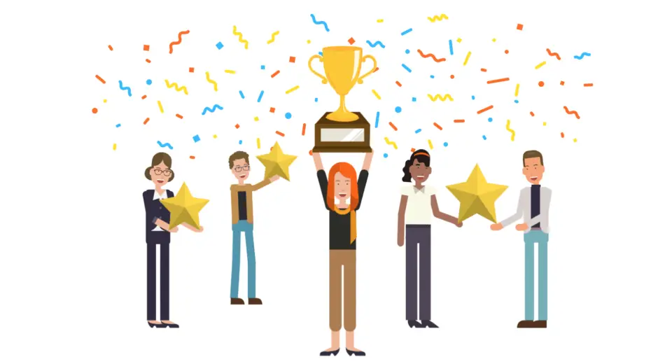Vyond videos win awards. The image showcases an animated character lifting a trophy with other characters celebrating in the background