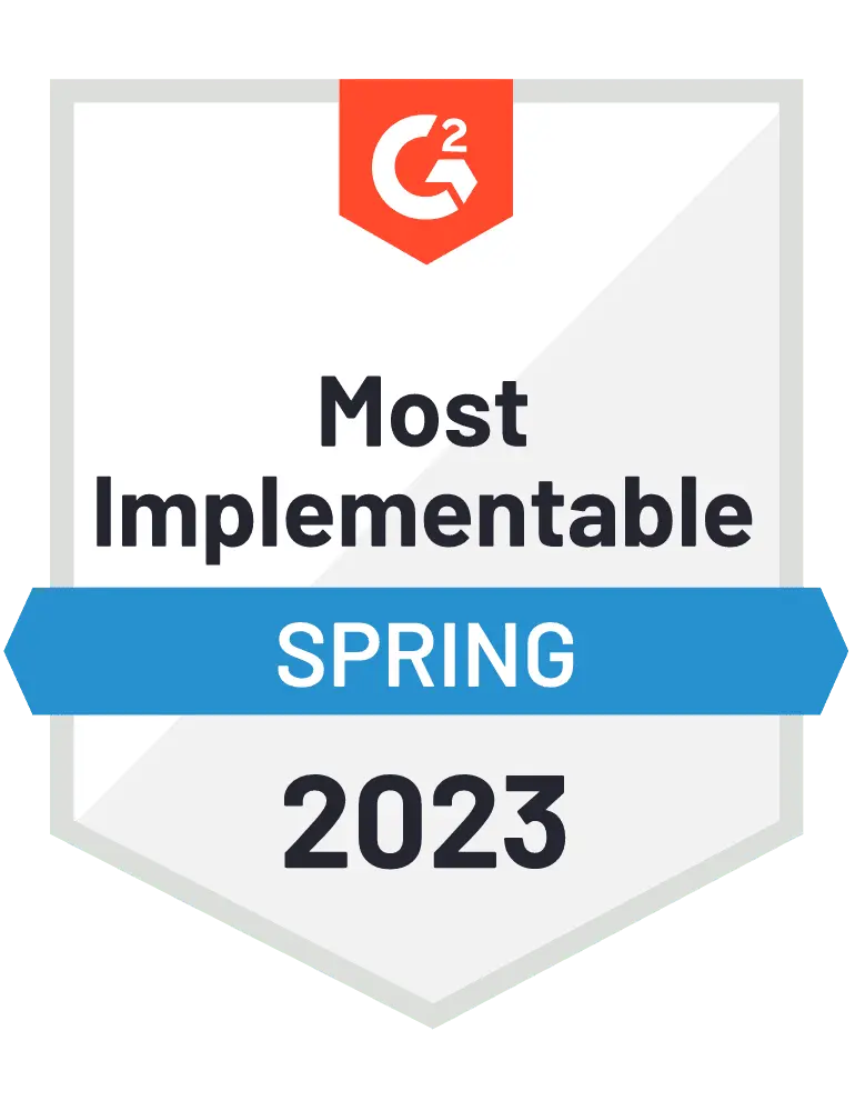 Vyond G2 accolade for Implementation Presentation, Most Implementable, Spring 2023