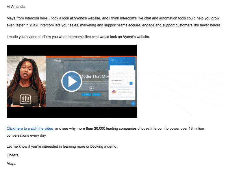 An example of how to optimize your sales funnel with video and gifs. The image showcases an email that contains a personalized sales message with a video attached to it.