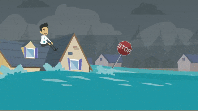 the gif showcases Vyond animation of a hypothetical and extreme scenario of a hurricane causing a flooding.