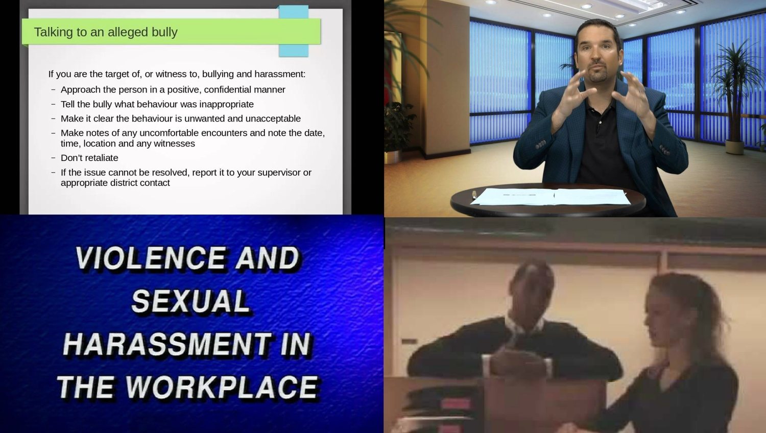 examples of old formats like live videos and presentation decks that were used to teach topics like violence and sexual harassment to the workforce.