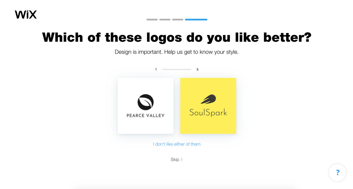 A screenshot from Wix Logo Maker where the wizard asks you "Which of these logos do you like better?"