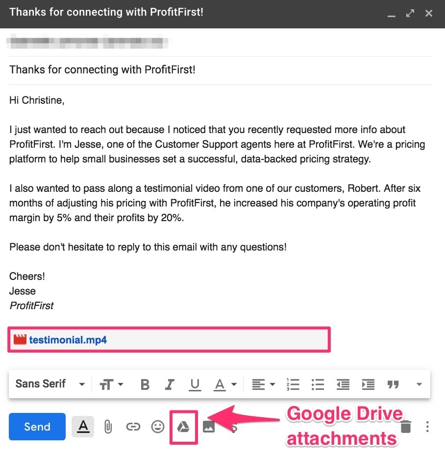 example of how to send video through email by attaching a google drive file