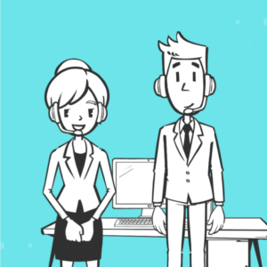 Image used on Vyond's plans and pricing page. The image showcases two workers with the whiteboard style of animation