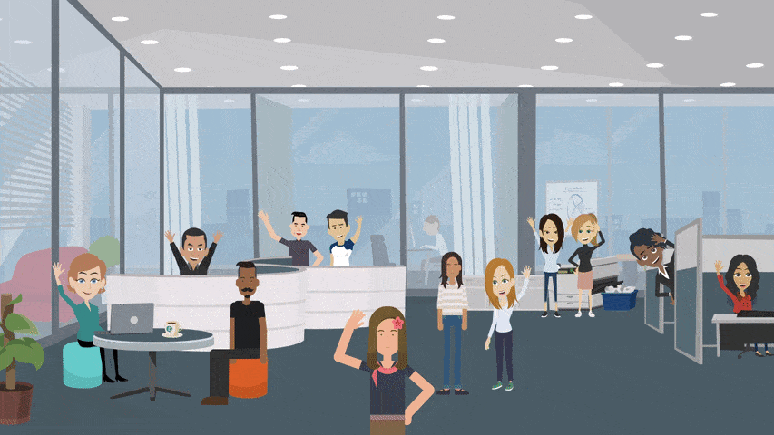 Image of an animated office with several animated characters waving