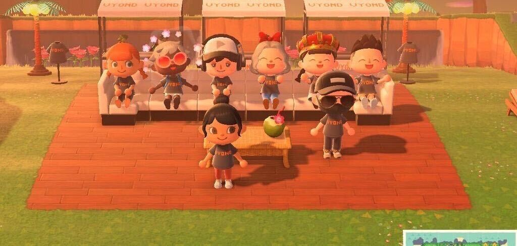 A photo of eight animated people in the Animal Crossings game