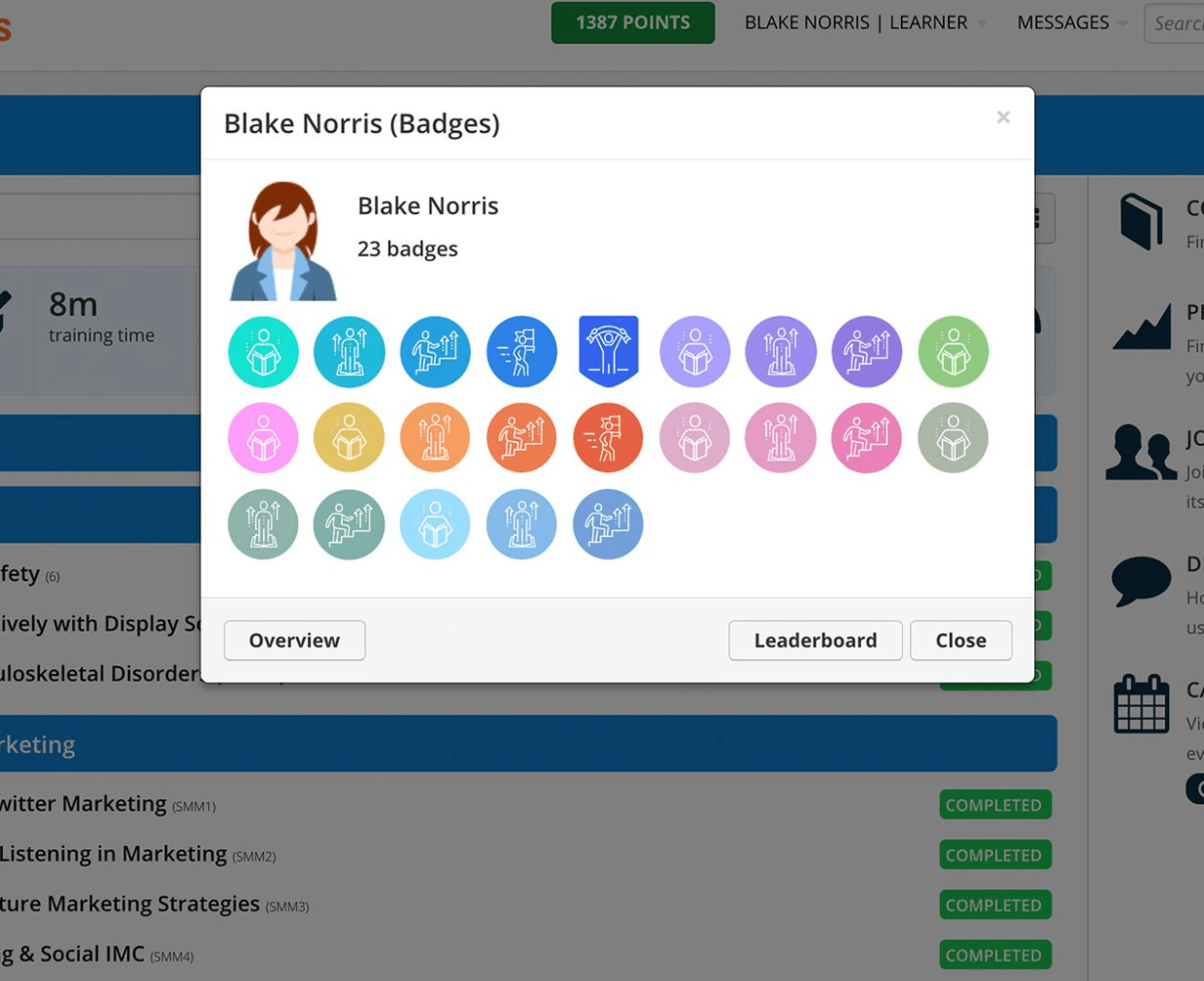 Screenshot of LMS platform with example badges. The image is part of our resource post Driving eLearning Engagement in a Remote Work Environment