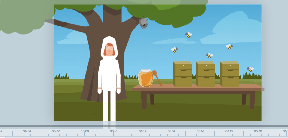 A screenshot from Vyond studio featuring a beekeeper character with their hive.