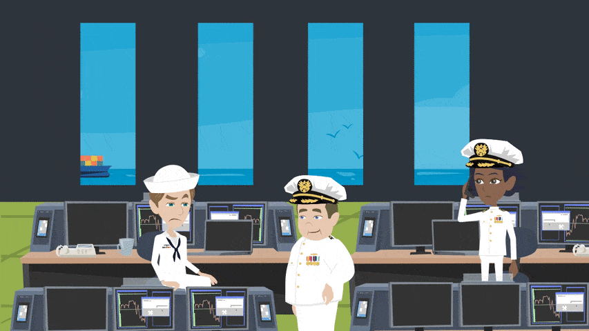 An animation of the interior of a shipyard with three men staffing it