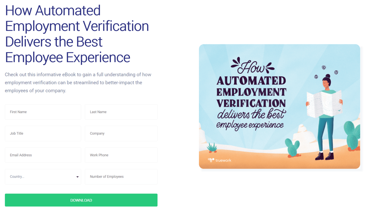 A screenshot of a landing page with a form to access an ebook on employment verification.