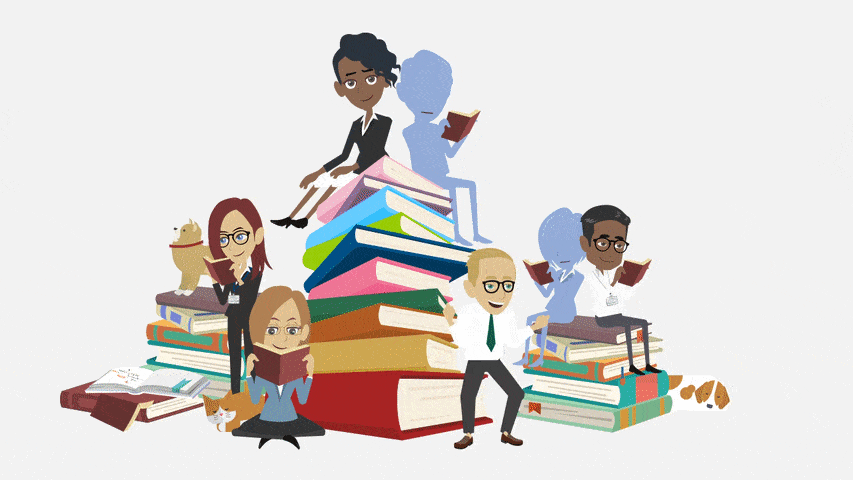 Animated GIF, book club invitation featuring coworkers sitting on oversized books