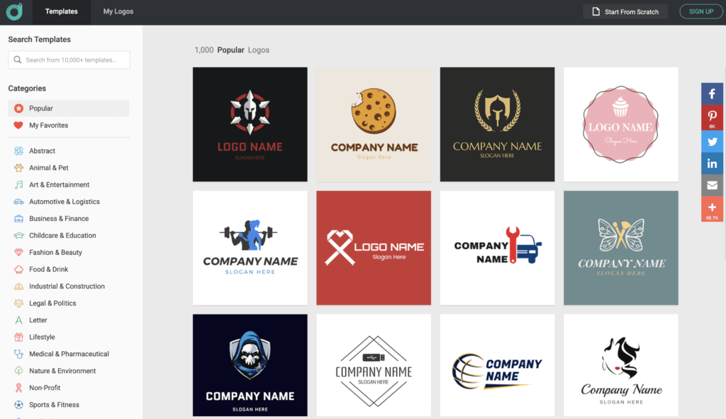 DesignEvo logo creation tool template gallery screenshot