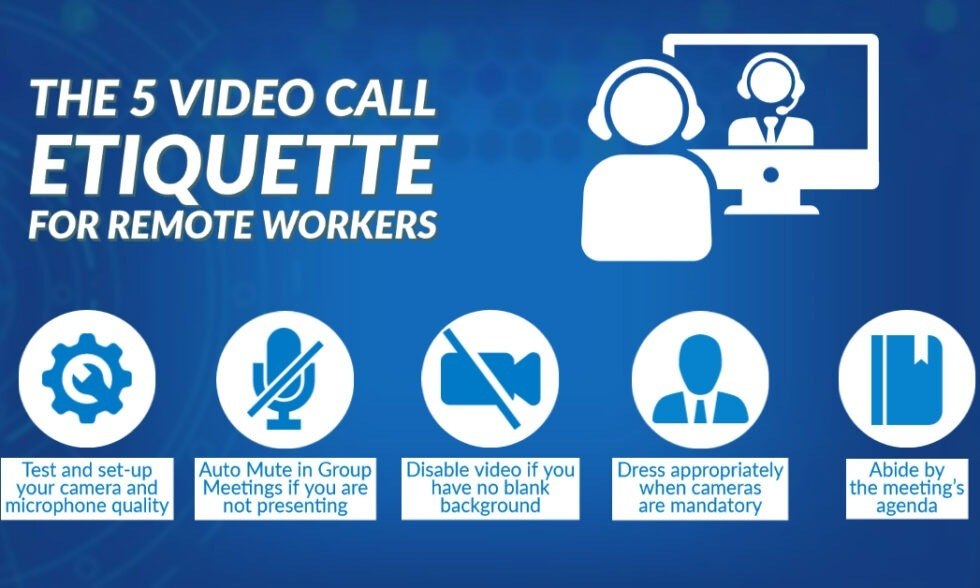 An infographic with five tips for video call etiquette from the linked article.