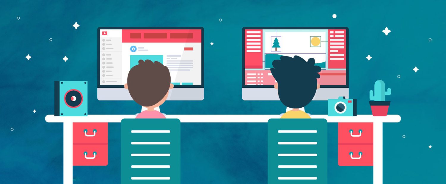 An illustration of the back of two characters, sitting in desk chairs and looking at their computer monitors. Part of our resource post 5 Ways to Use Video to Improve Your Webinars