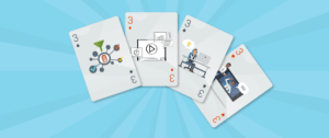 Four playing cards showing scenes from example sales enablement videos.