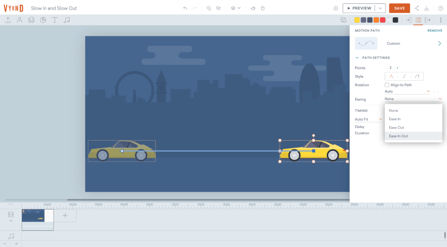 Screenshot of Vyond Studio where a car is selected and the Easing feature is displayed on the left