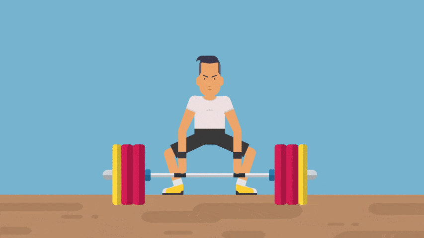 Animated man lifting a weight, dropping it, and dust rises