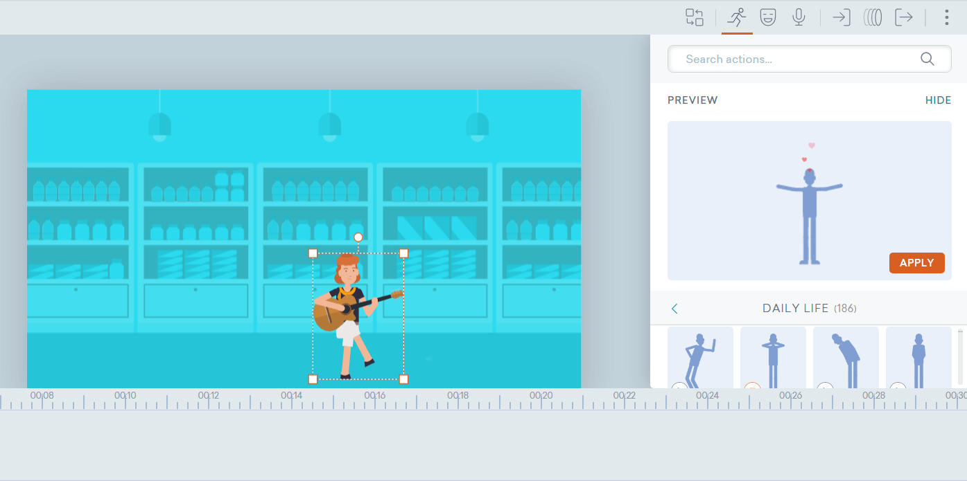 Image of an animated character holding a guitar, facing forward, within Vyond's video editing studio