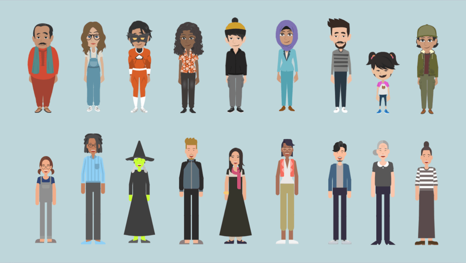 A series of animated characters in different outfits