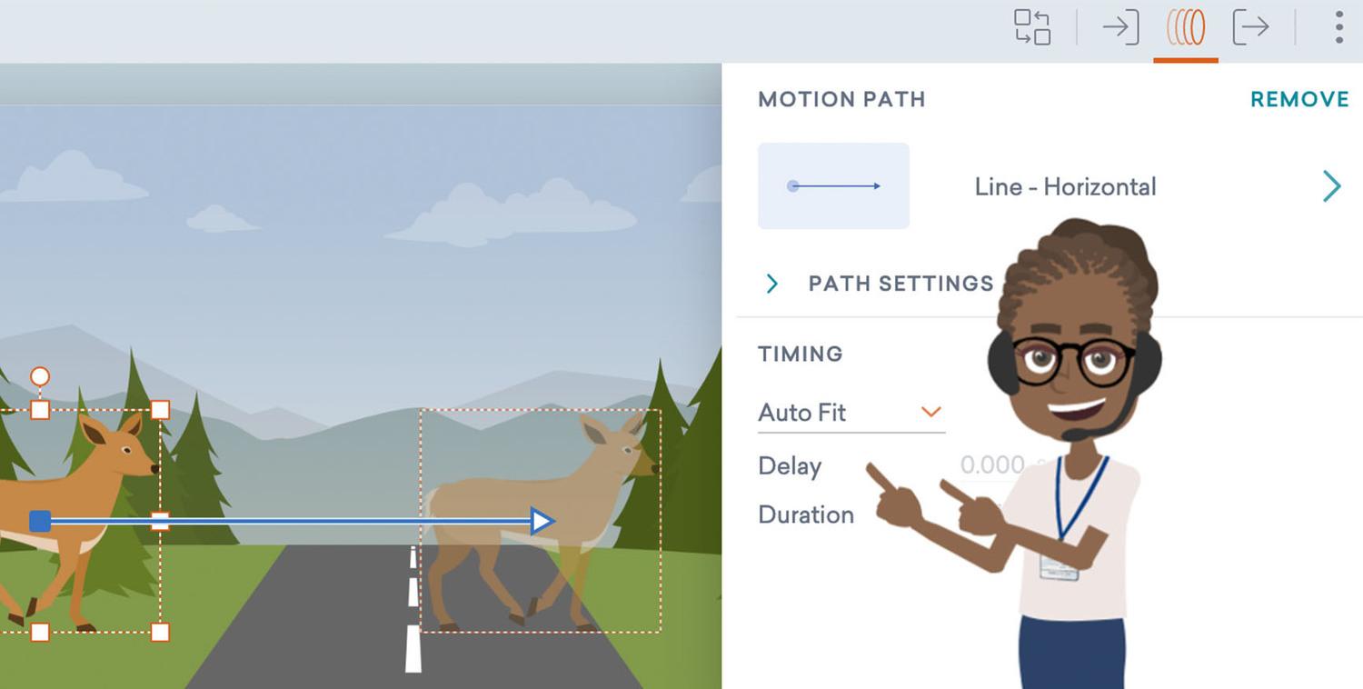 An illustration of a Vyond team member pointing to new motion path timing features in Vyond Studio.