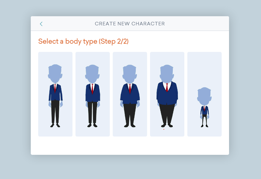 A screenshot of Vyond Studio showing the five body types you can choose from when creating a Business Friendly character.