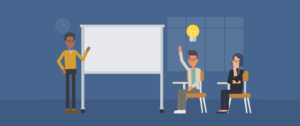 Illustration of a black instructor at a whiteboard with two adult learners, one raising their hand, in desks.
