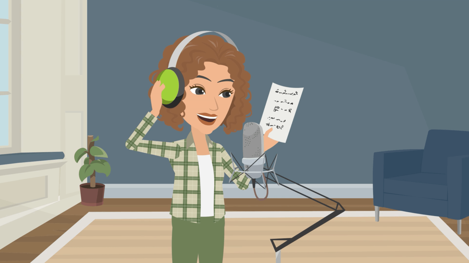 Animated woman looking at a script and speaking into a professional microphone.