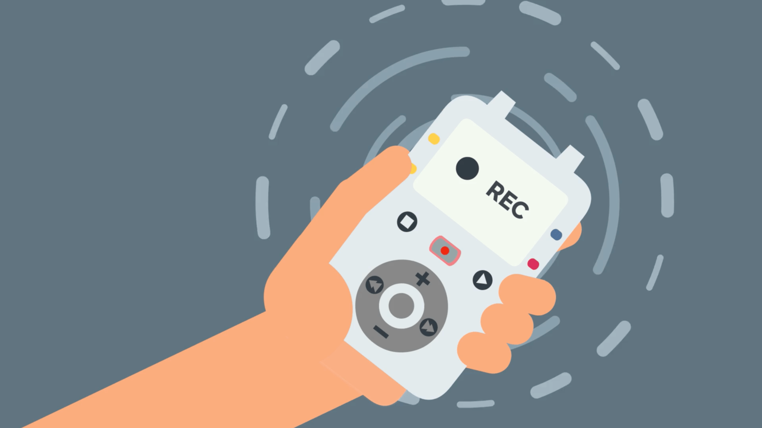 Animated image of a hand holding an audio recorder to display how to record voice overs at any budget