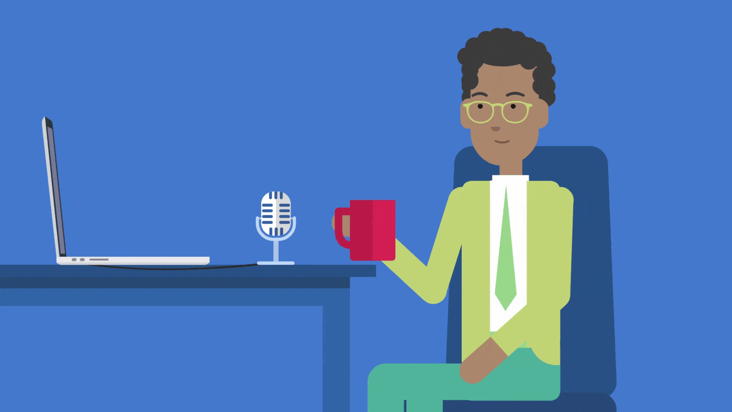 Image displaying one of the expert tips to improve voice over skills. Animated character is sitting down and taking a sip of a hot drink.