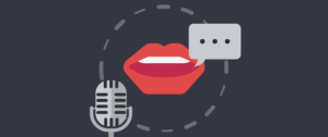 Header image for decoration to depict how to hire a voice actor. The image showcases a mouth with a text bubble and a microphone nearby