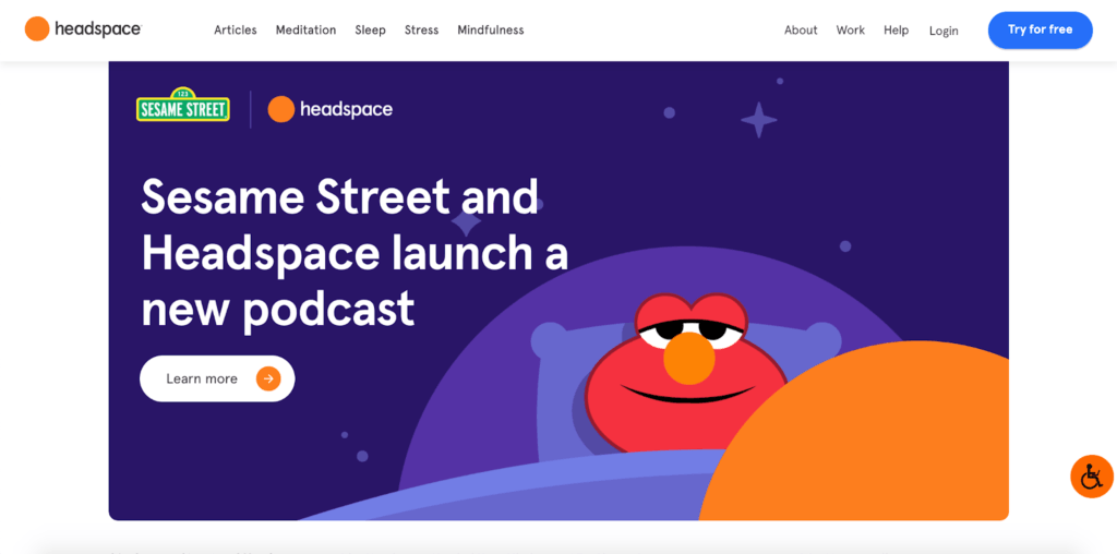 A screenshot of the Headspace webpage featuring an illustration of Elmo from Sesame Street.