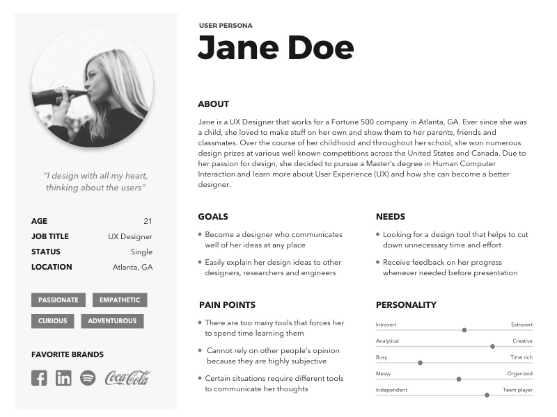 Screenshot of a customer persona profile names Jane Doe