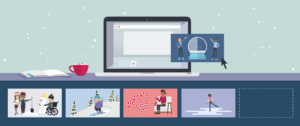 Illustration of a computer monitor along with thumbnails of end of year video templates.