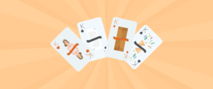Four playing cards face up showing illustrations from free video templates for small businesses.