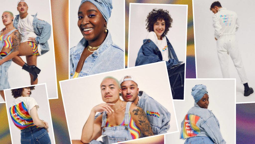 Creative from Levi's Respect All Pronouns ads as an example of effective Pride campaigns.