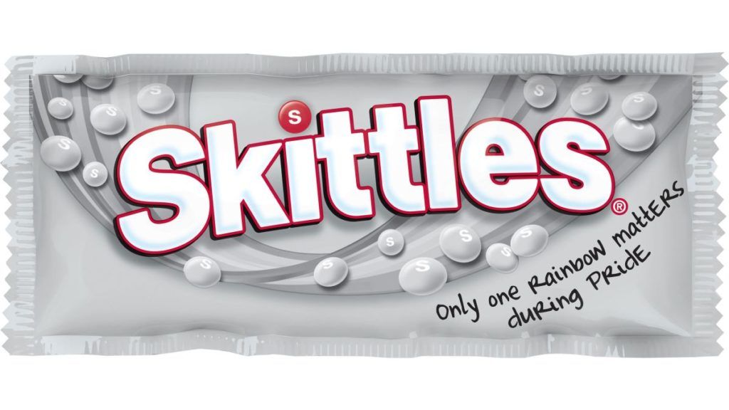  "Give the rainbow" Skittles packaging as an example of effective Pride campaigns.