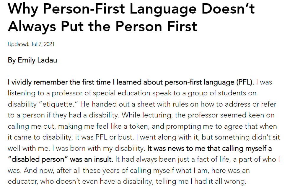 Article by Emily Ladau talking about the implementation of Person-First Language (PLF)