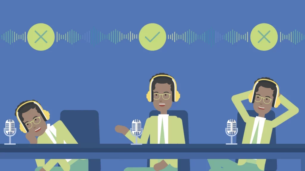 The image showcases the correct posture for recording voiceovers. This image is part of our guide on how to use video in Docebo for employee training