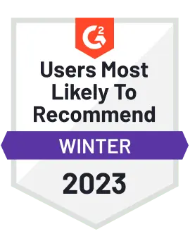 Vyond G2 accolade with the title users most likely to recommend, winter 2023