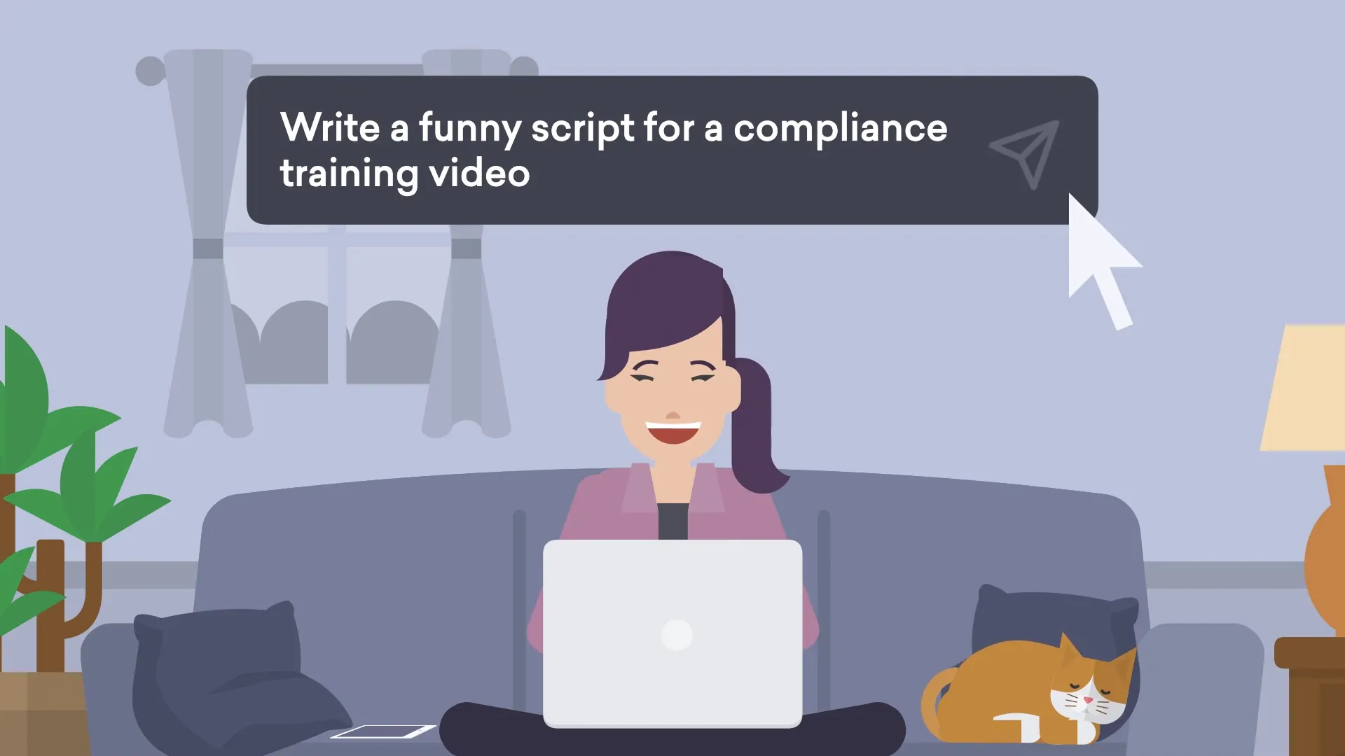 The image is part of Vyond's resource post "The Ultimate Guide to AI-Powered Video". The iamge showcases a person working on their computer and with a speech bubble that reads "Write a funny script for a compliance training video"