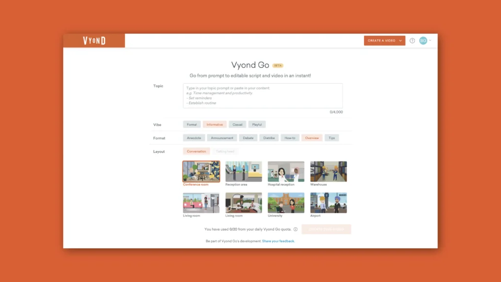 Vyond Go screenshot showcasing the options to  Choose the vibe, format, and location you want for your video