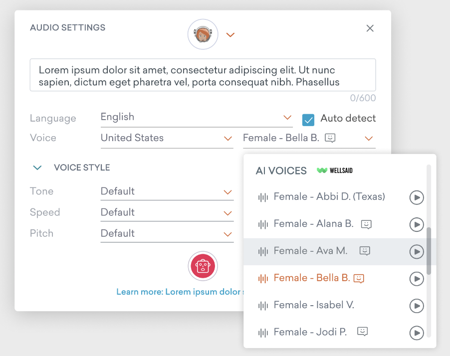 WellSaid integration to Vyond. Part of Vyond's Fall 2023 release
